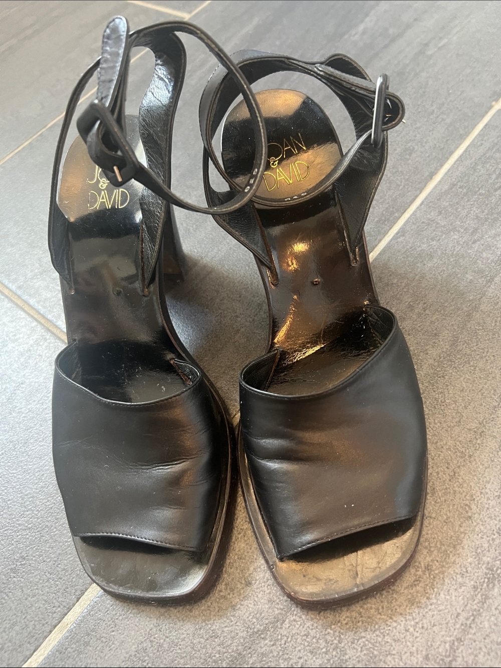 Joan & David Black Leather Ankle-Strap Sandals